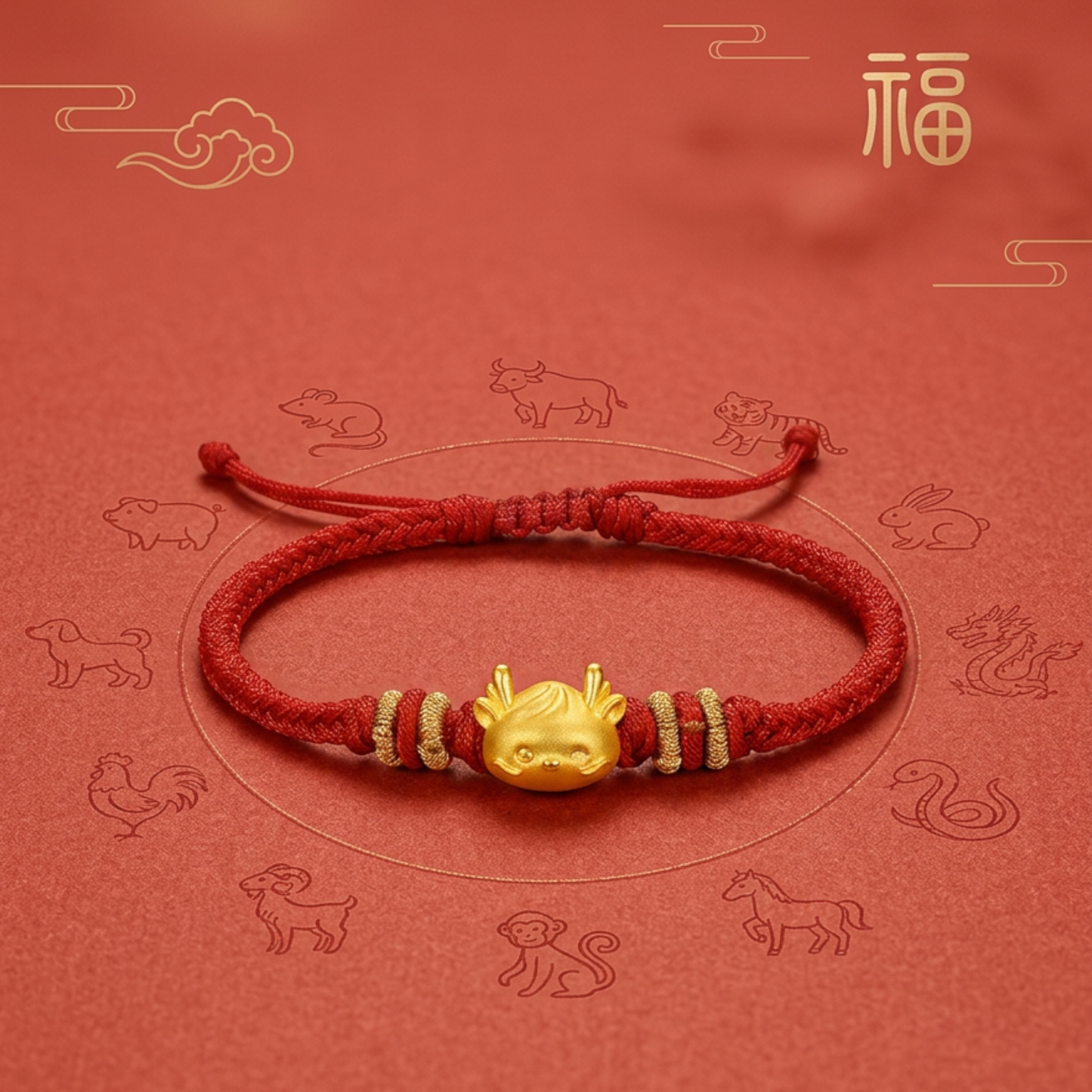 24K 3D Hard Gold Chinese Zodiac Dragon Charm Braided Bracelet