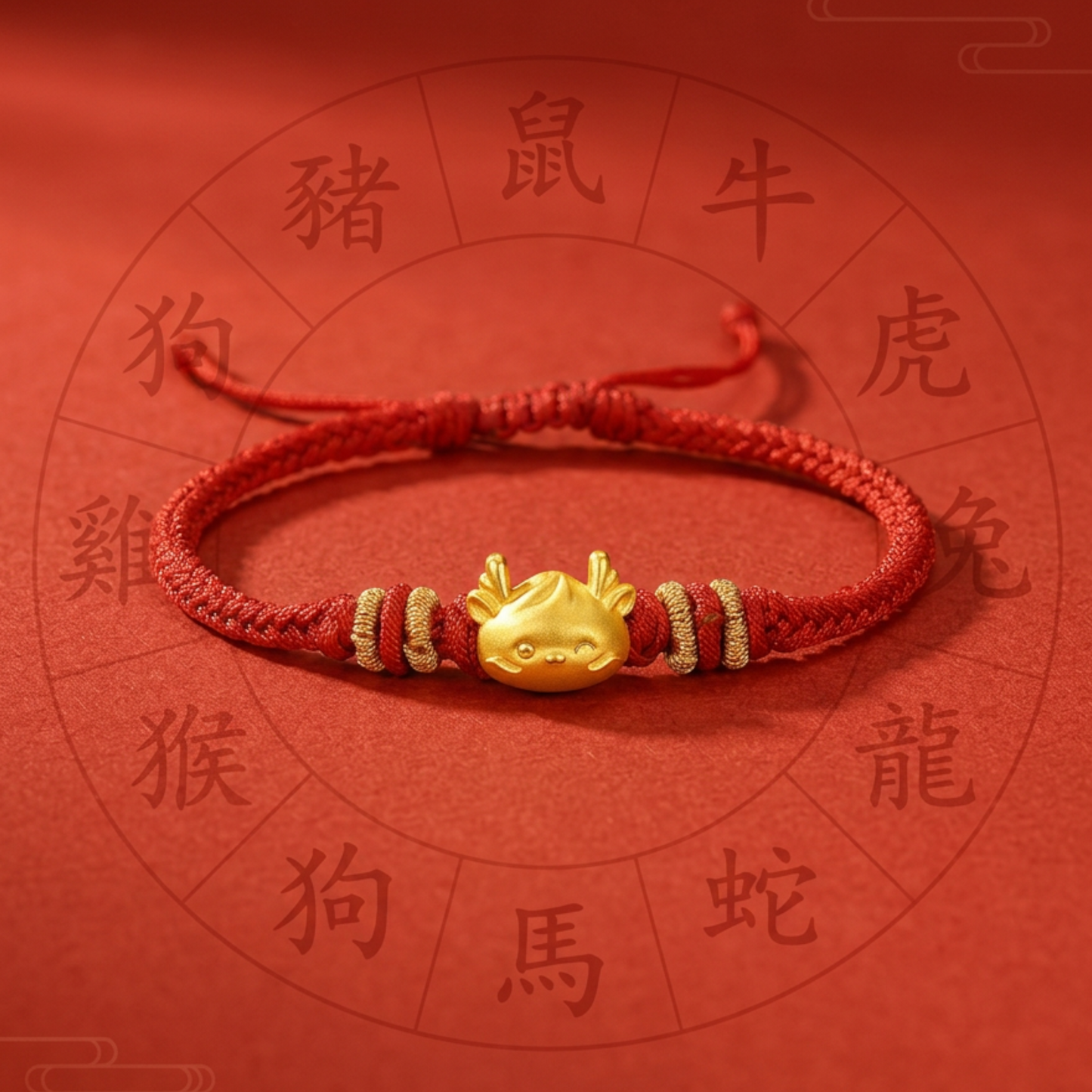 24K 3D Hard Gold Chinese Zodiac Dragon Charm Braided Bracelet
