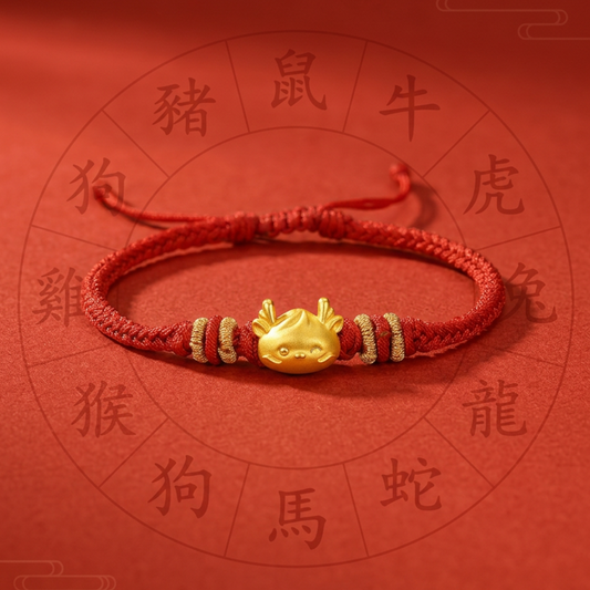 24K 3D Hard Gold Chinese Zodiac Dragon Charm Braided Bracelet