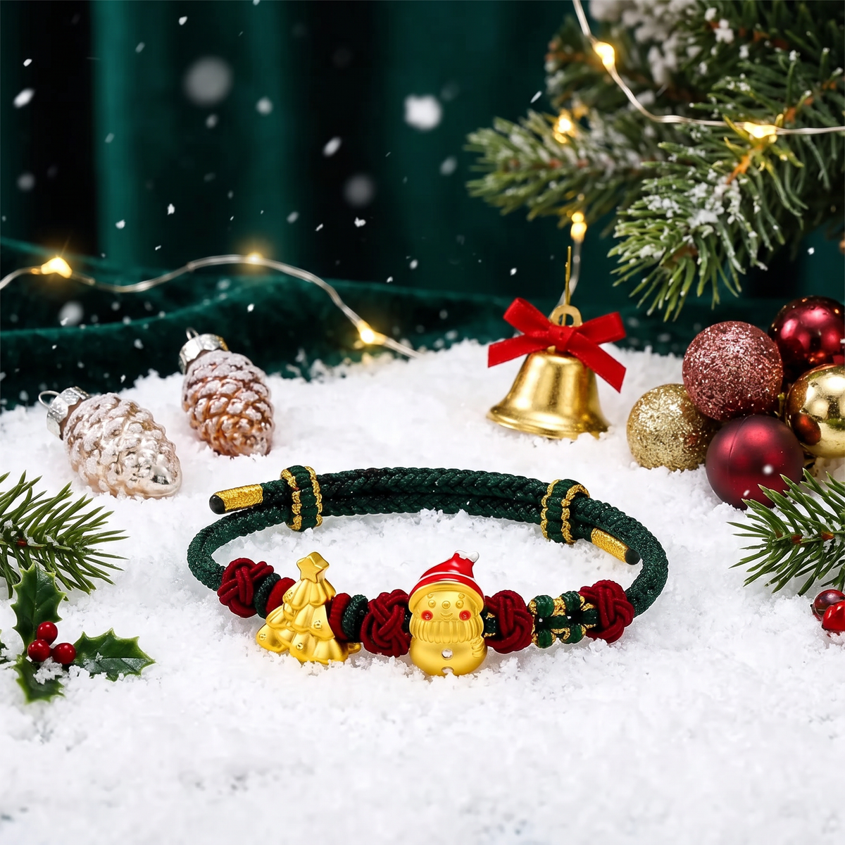 24k 999 Christmas Tree Snowman Charm Holiday Gift Cord Adjustable Bracelet