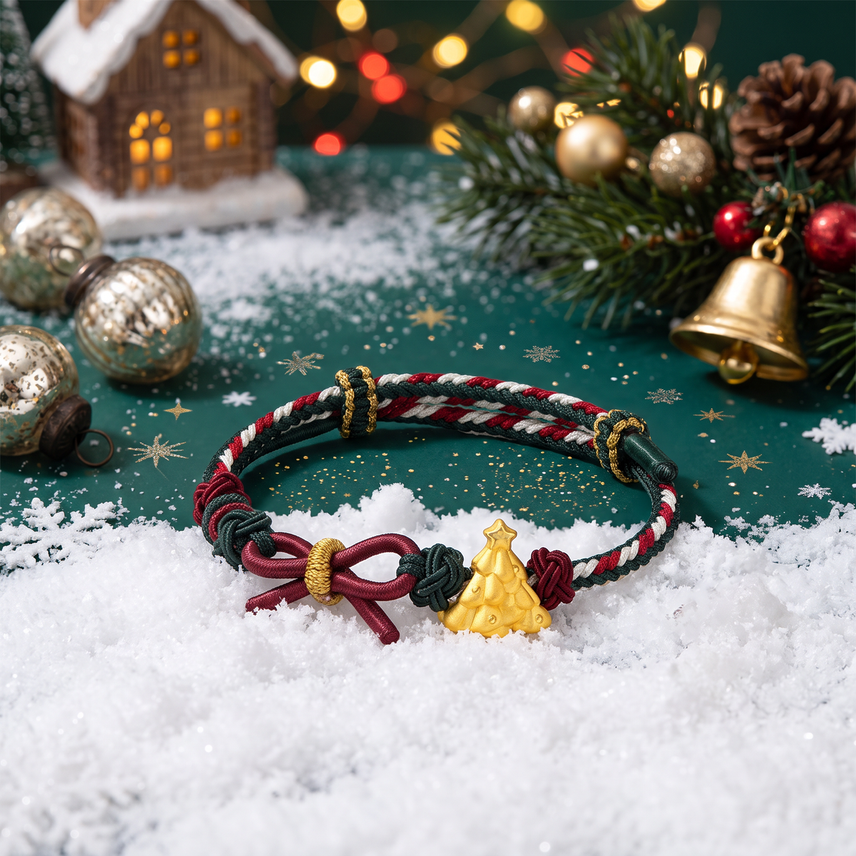 24k 999 Christmas Holiday Tree Snowflake Charm Cord Adjustable Bracelet