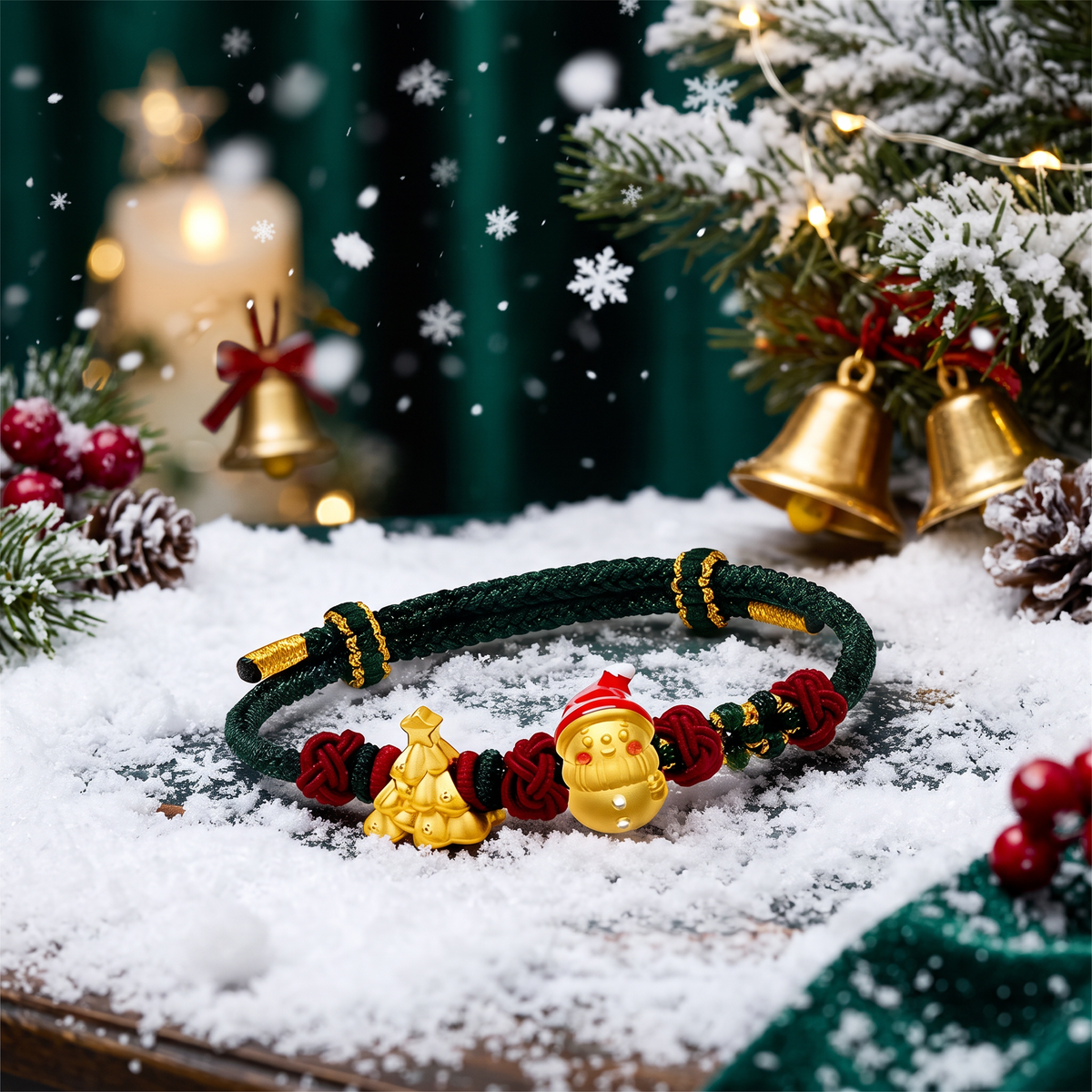 24k 999 Christmas Tree Snowman Charm Holiday Gift Cord Adjustable Bracelet