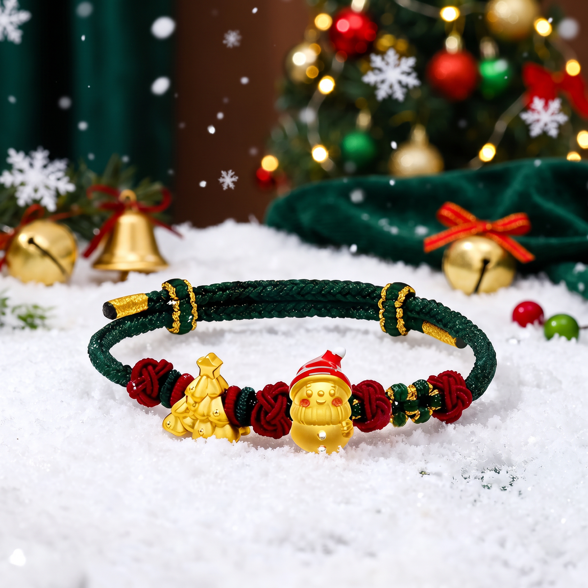 24k 999 Christmas Tree Snowman Charm Holiday Gift Cord Adjustable Bracelet
