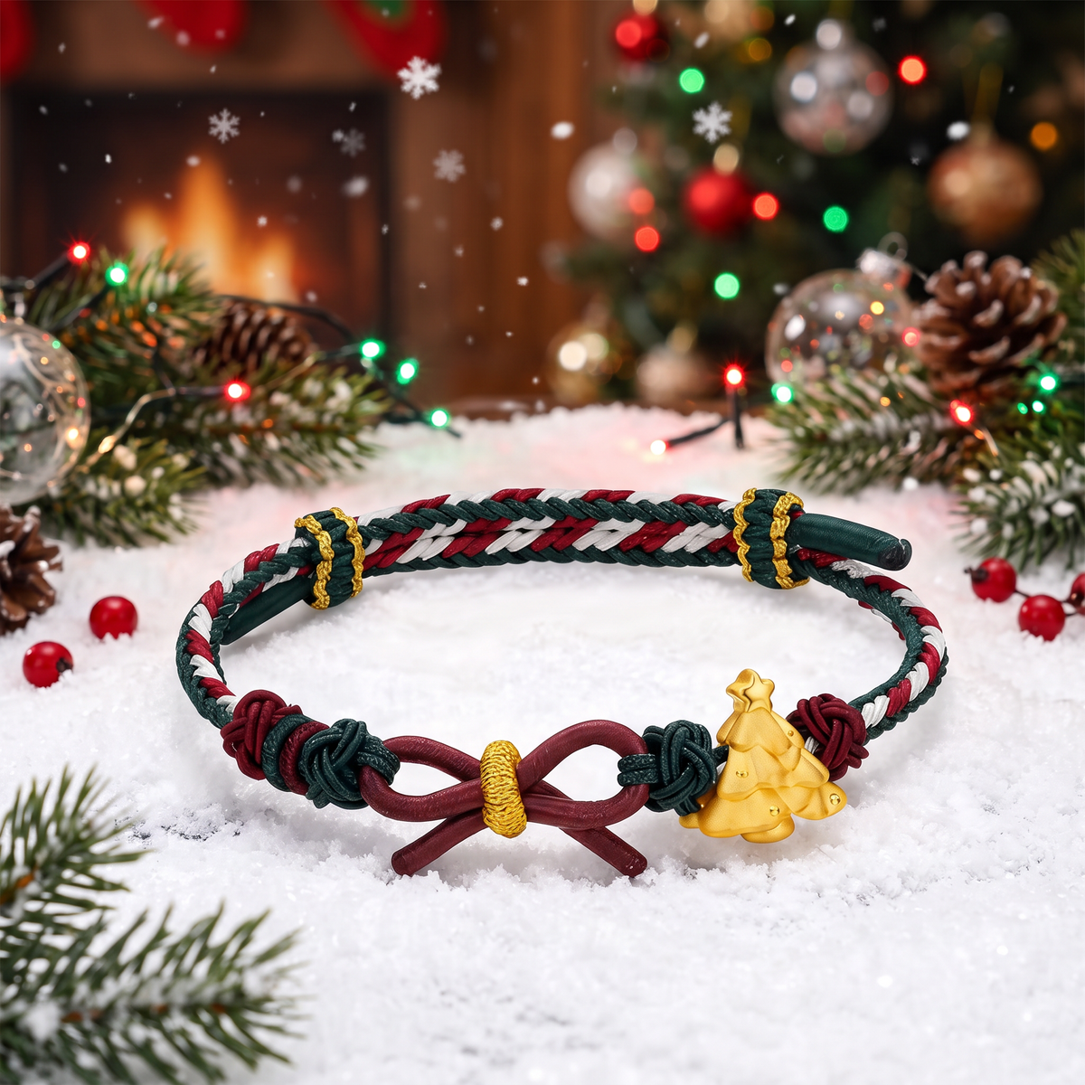 24k 999 Christmas Holiday Tree Snowflake Charm Cord Adjustable Bracelet