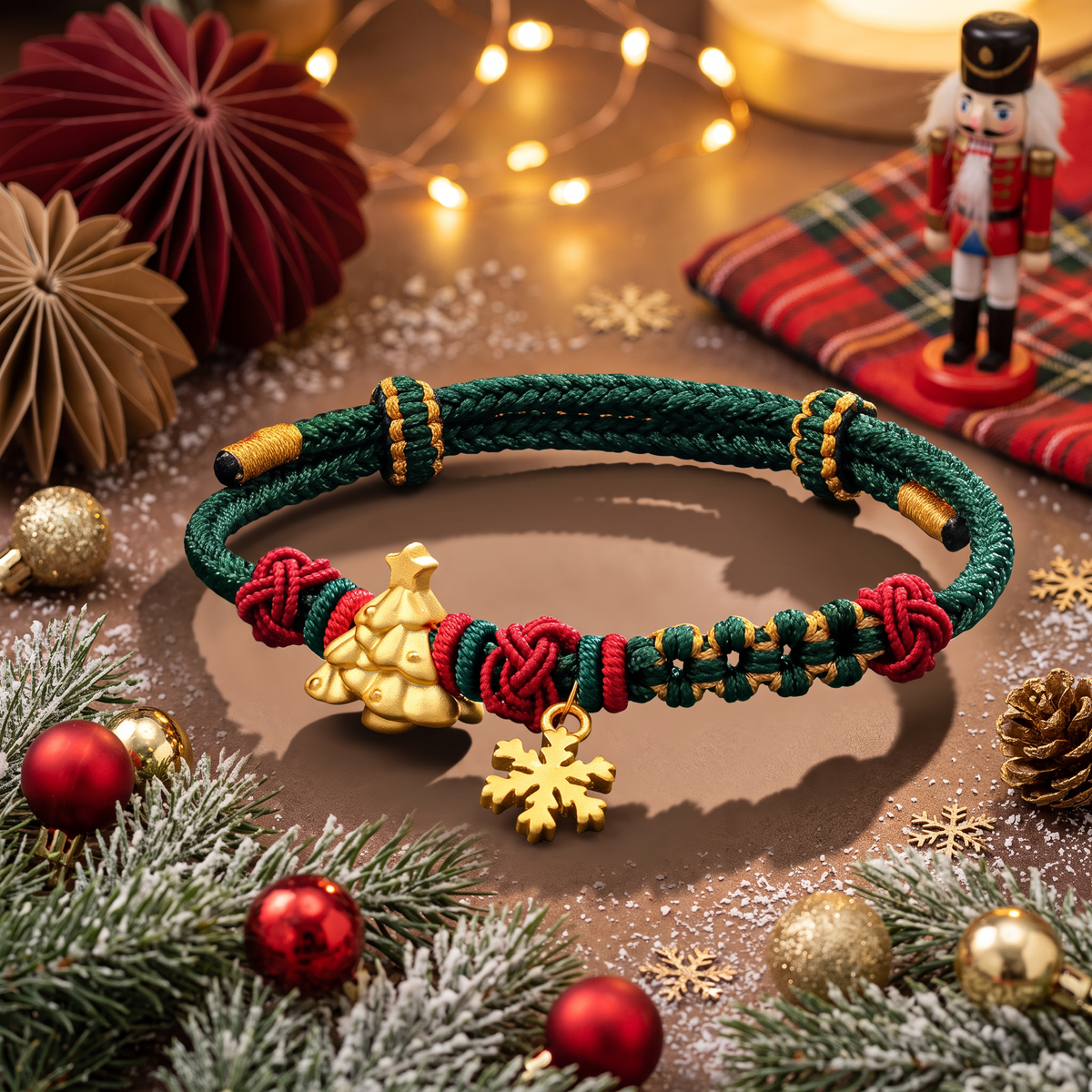24k 999 Christmas Holiday Tree Snowflake Charm Cord Adjustable Bracelet