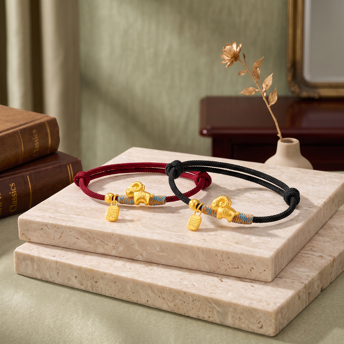 24k 999 Gold Zodiac year of Sheep Charm Cord Adjustable Bracelet