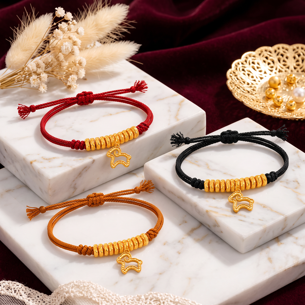 24k 999 Gold Zodiac year of Sheep Charm Cord Adjustable Bracelet
