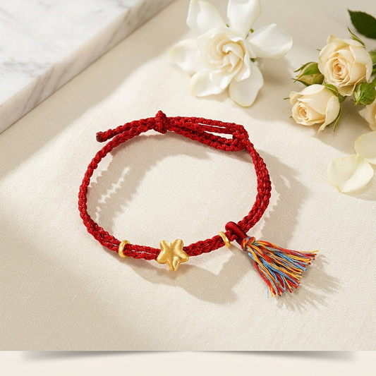 24K 999 Gold Star Charm Tassel Braided Adjustable Bracelet