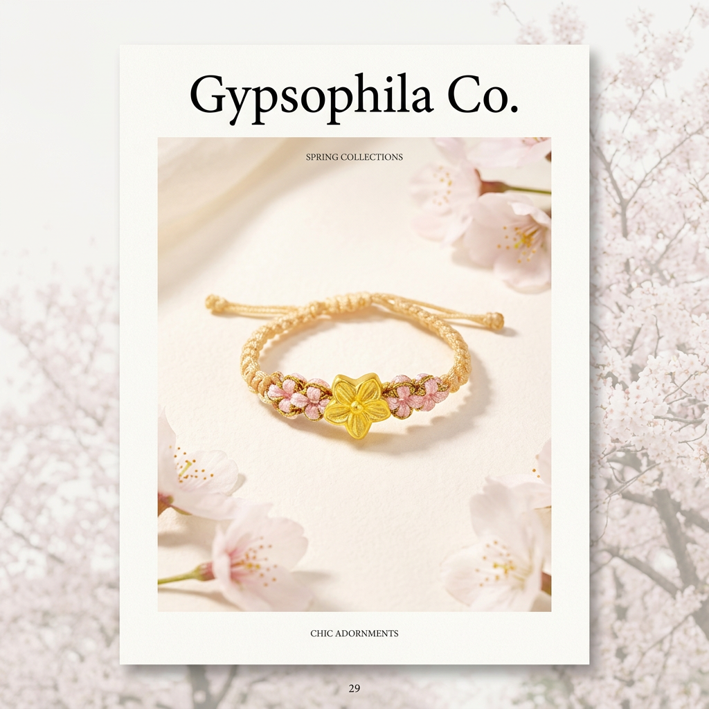 24K 999 Gold Cherry Blossom Flower Charm Braided Adjustable Ring