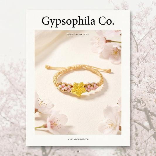 24K 999 Gold Cherry Blossom Flower Charm Braided Adjustable Ring