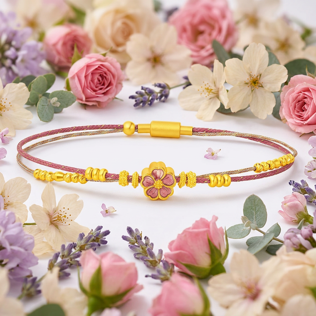 24K Gold Cherry Blossom Flower Charm Lucky Beads Weaving Bracelet
