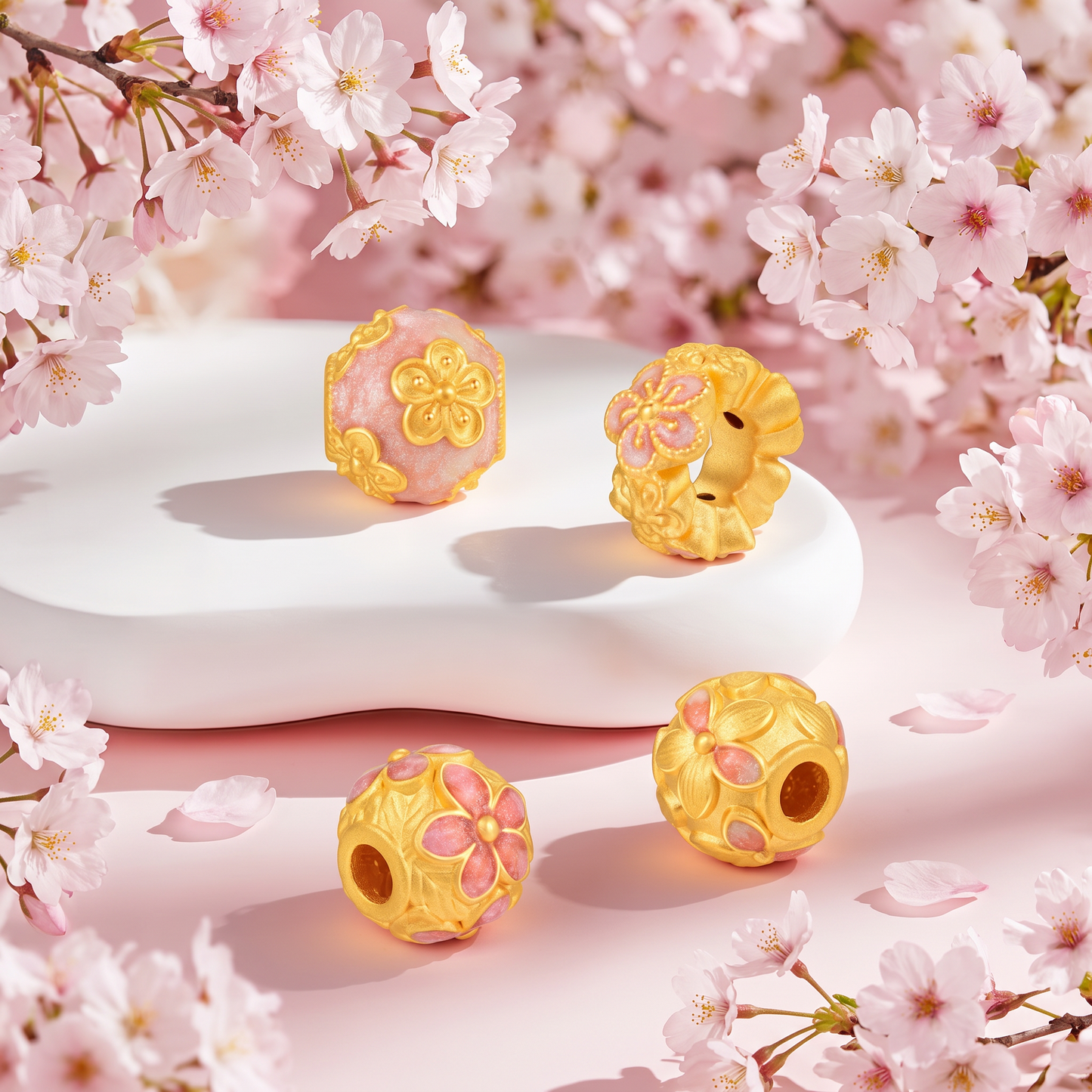 24K Hard Gold Peach Blossom Flower Lucky Rolling Bead D.I.Y Charm Spacer