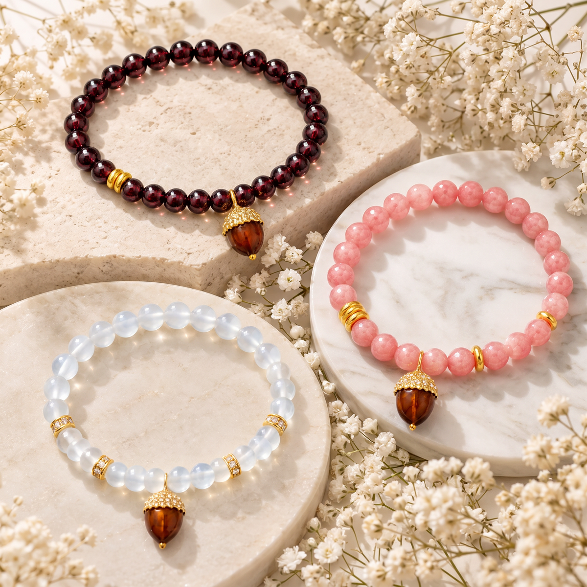 24K 999 Gold Flat Bead with Acorn Charm Fortune Lucky Garnet Beads Bracelet