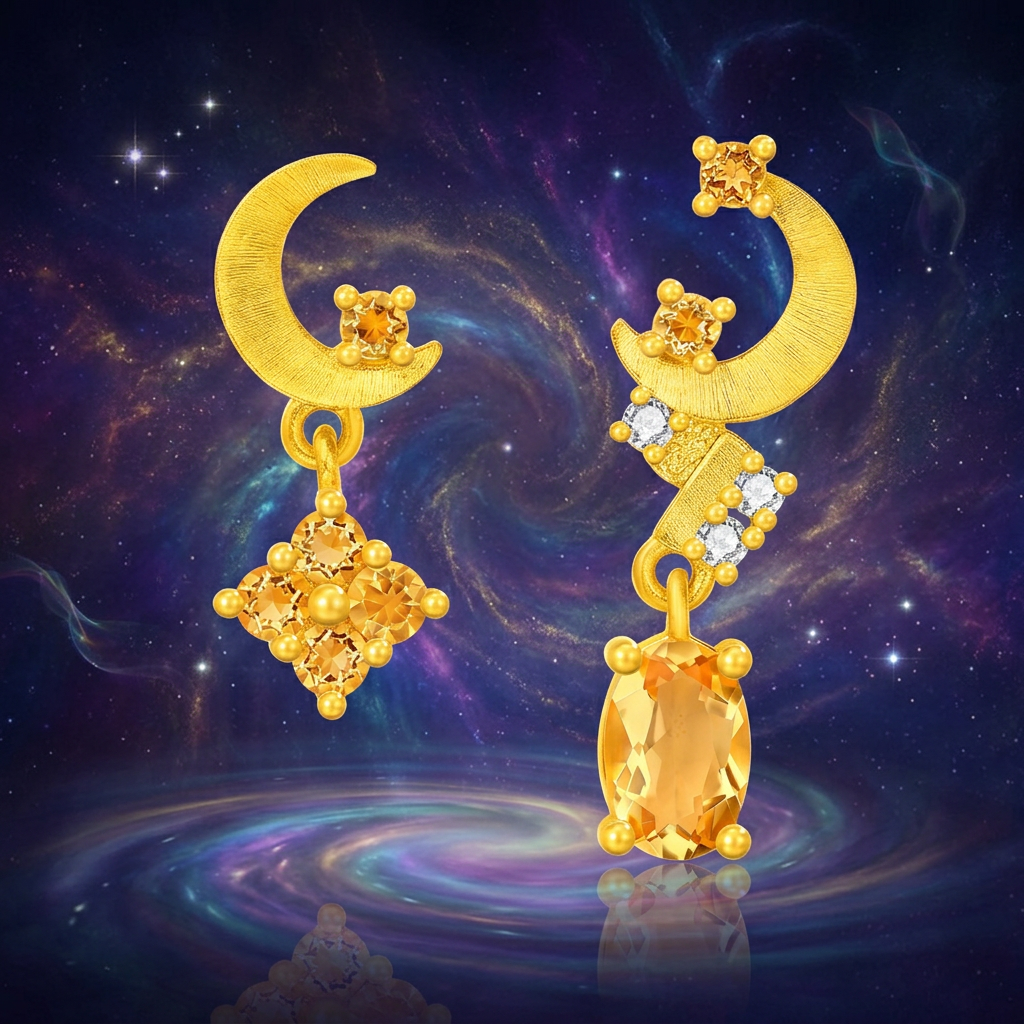 Genuine 24K 5G Gold Moon Yellow crystal Moissanite Stud Earrings