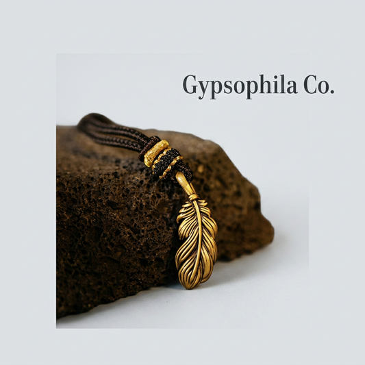 24K Gold Feather Lucky Pendant Detailed Good Fortune Braided Necklace