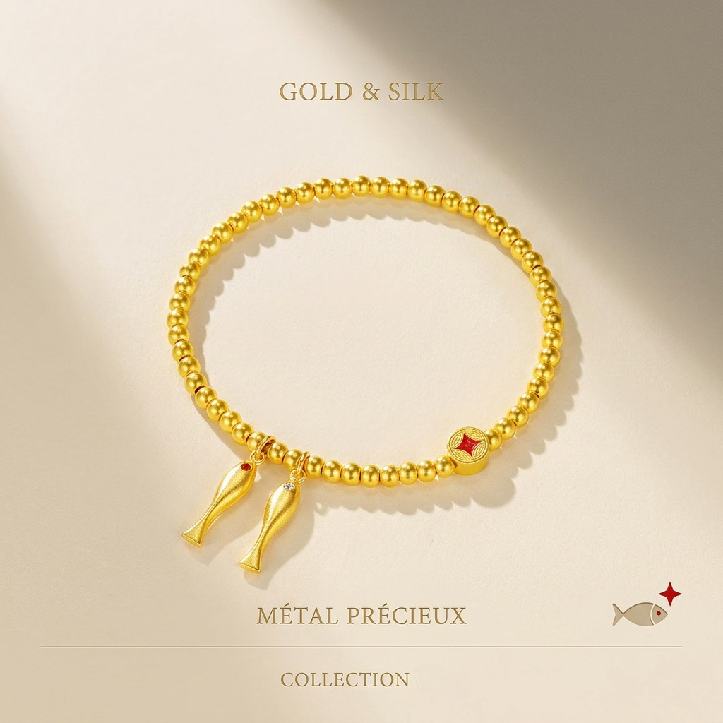 24K 999 Gold Lucky Fish Coin Charms Beads Bracelet