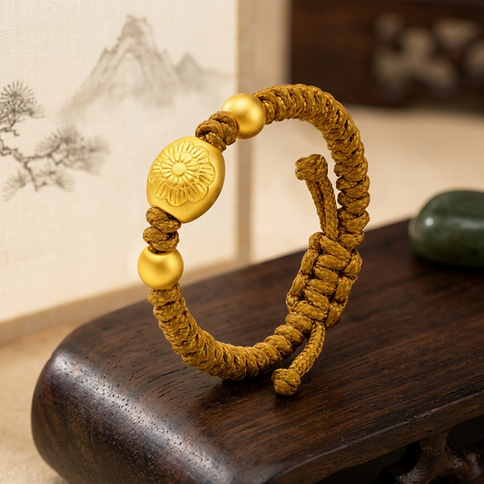 24K Gold Bead Flower Braided Adjustable Ring