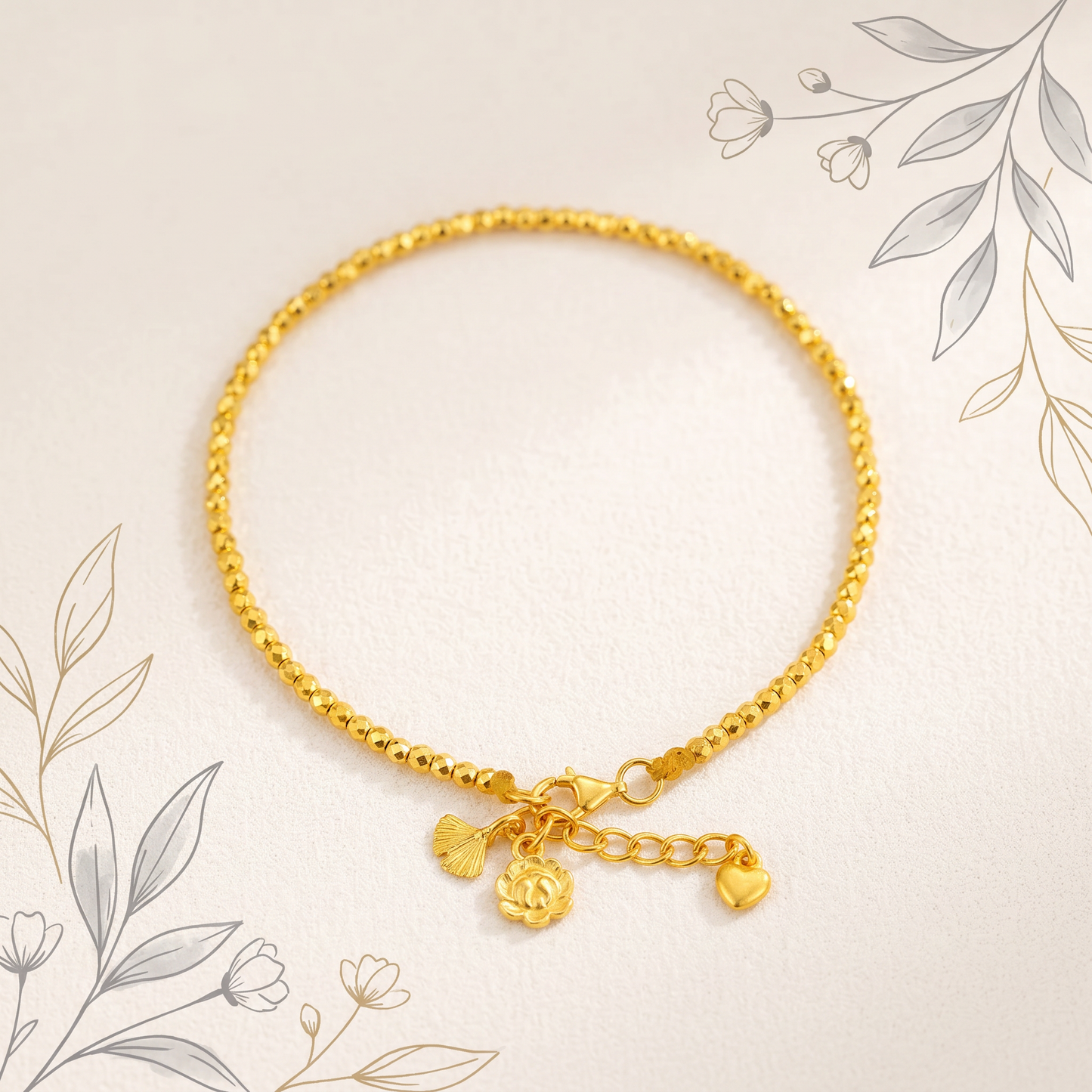 24K Solid 999 Gold Hand-Engraved Solid Mini Charm D.I.Y Lotus Ginkgo Flower