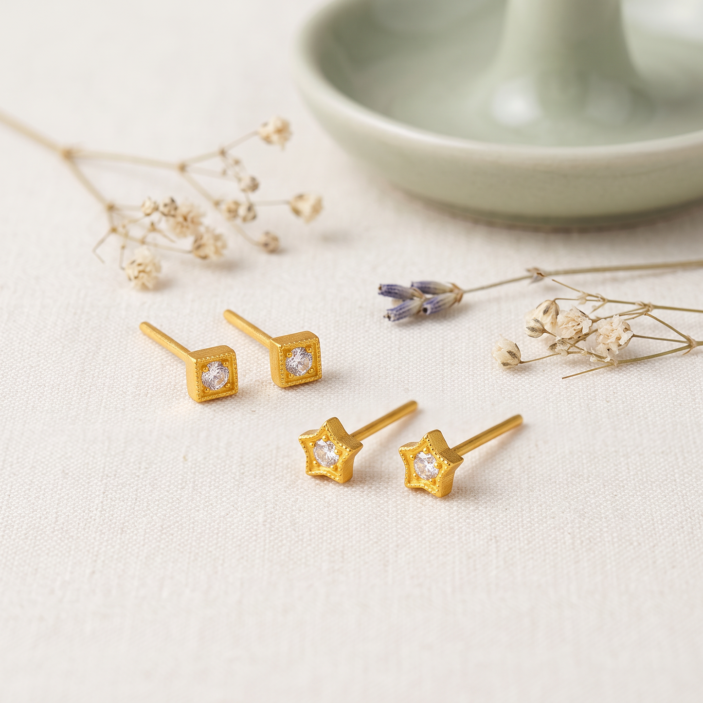 24K Solid 999 Gold Cube Star Minimal Moissanite Mini Stud Earrings