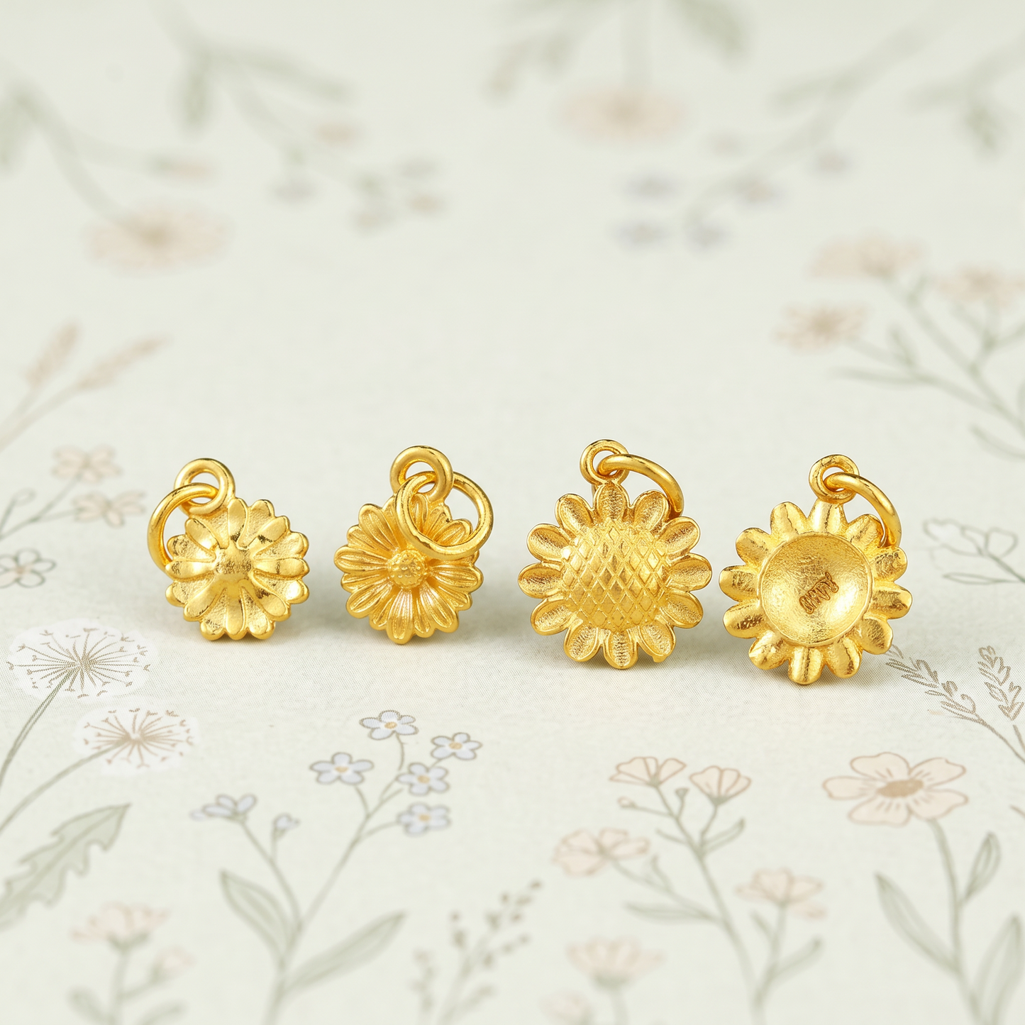 24K Solid 999 Gold Hand-Engraved Solid Mini Charm D.I.Y Sun Flower Daisy Charm