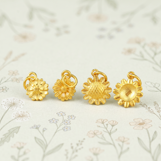 24K Solid 999 Gold Hand-Engraved Solid Mini Charm D.I.Y Sun Flower Daisy Charm
