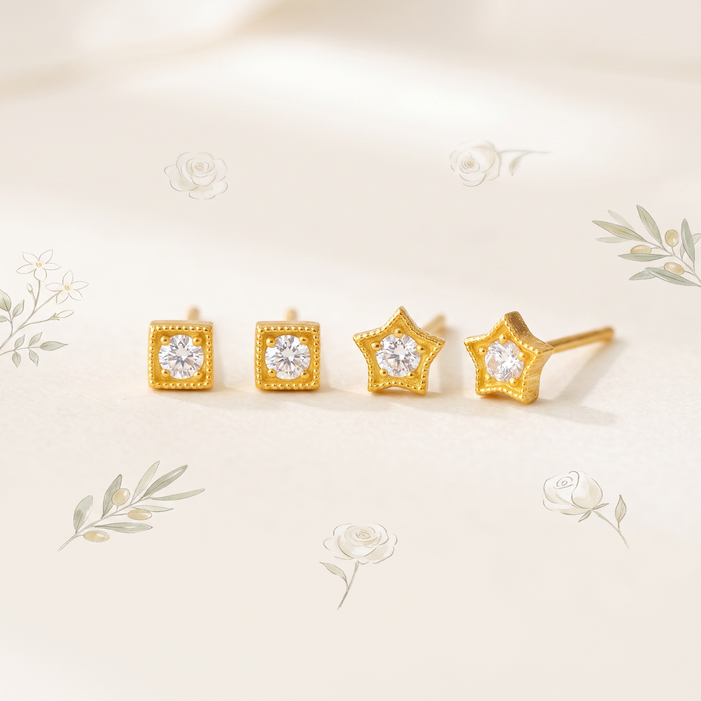 24K Solid 999 Gold Cube Star Minimal Moissanite Mini Stud Earrings