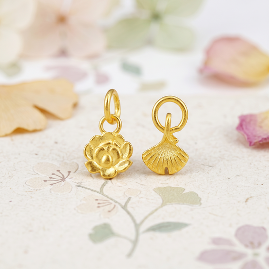 24K Solid 999 Gold Hand-Engraved Solid Mini Charm D.I.Y Lotus Ginkgo Flower