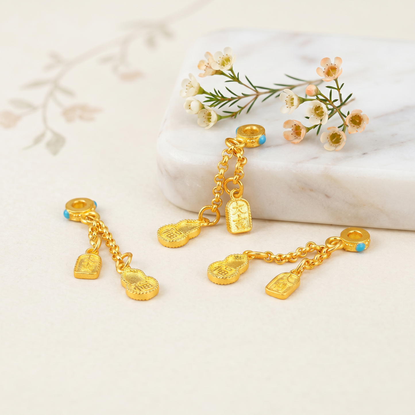 24K Solid 999 Gold Hand-Engraved Solid Lucky Gourd Tassel Dangle Charm