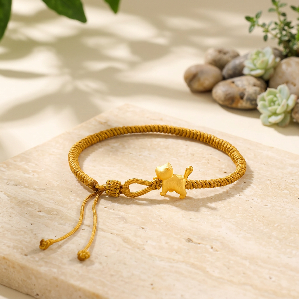 24K Gold Cute Kitty Cat Charm Braided Bracelet