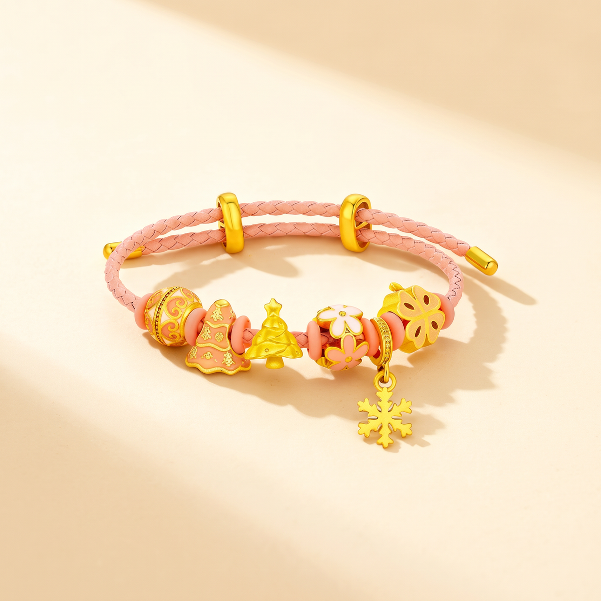 24k 999 Christmas Holiday Tree Snowflake Charm Cord Adjustable Bracelet