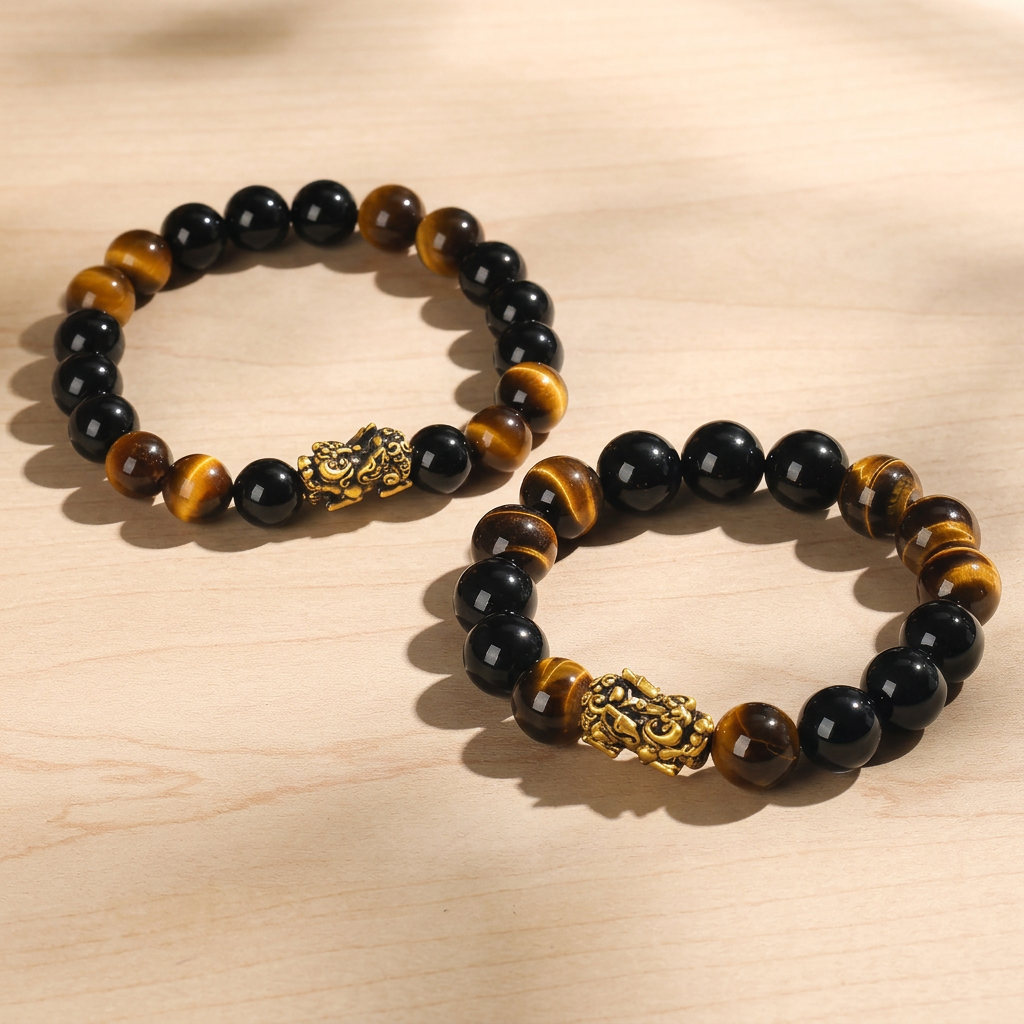 24K Gold Wealth Pixiu Charm with Tiger Eye Stone Beads Unisex Bracelet