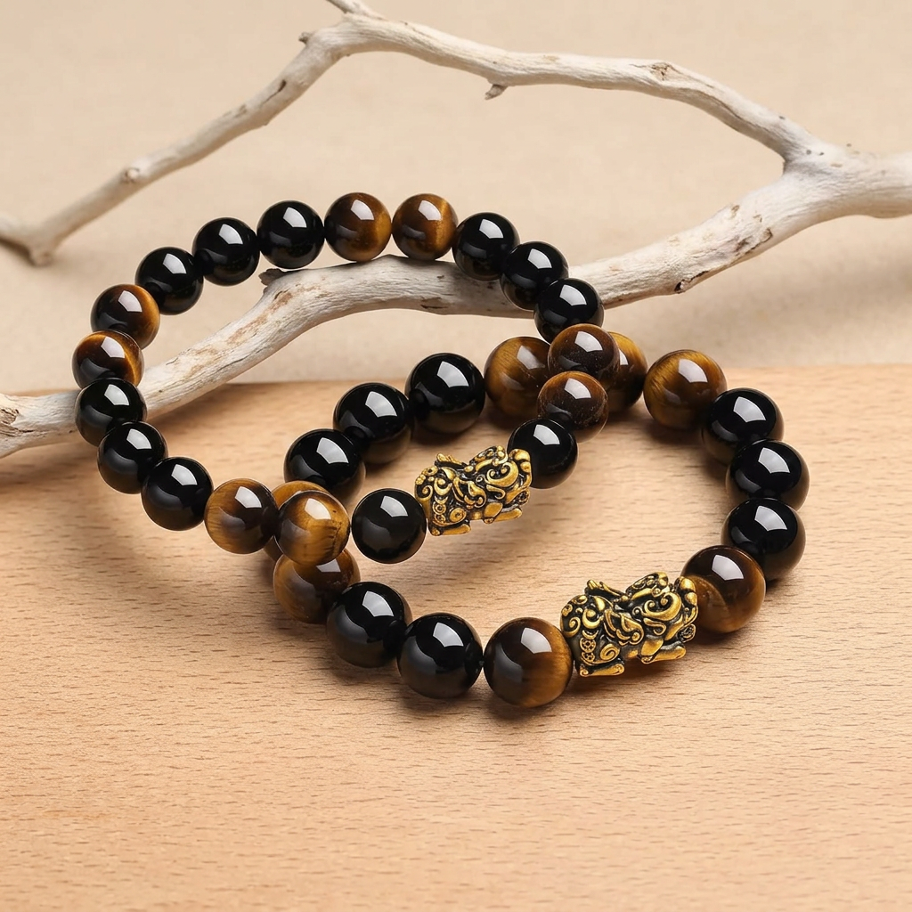 24K Gold Wealth Pixiu Charm with Tiger Eye Stone Beads Unisex Bracelet