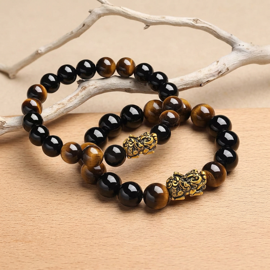 24K Gold Wealth Pixiu Charm with Tiger Eye Stone Beads Unisex Bracelet