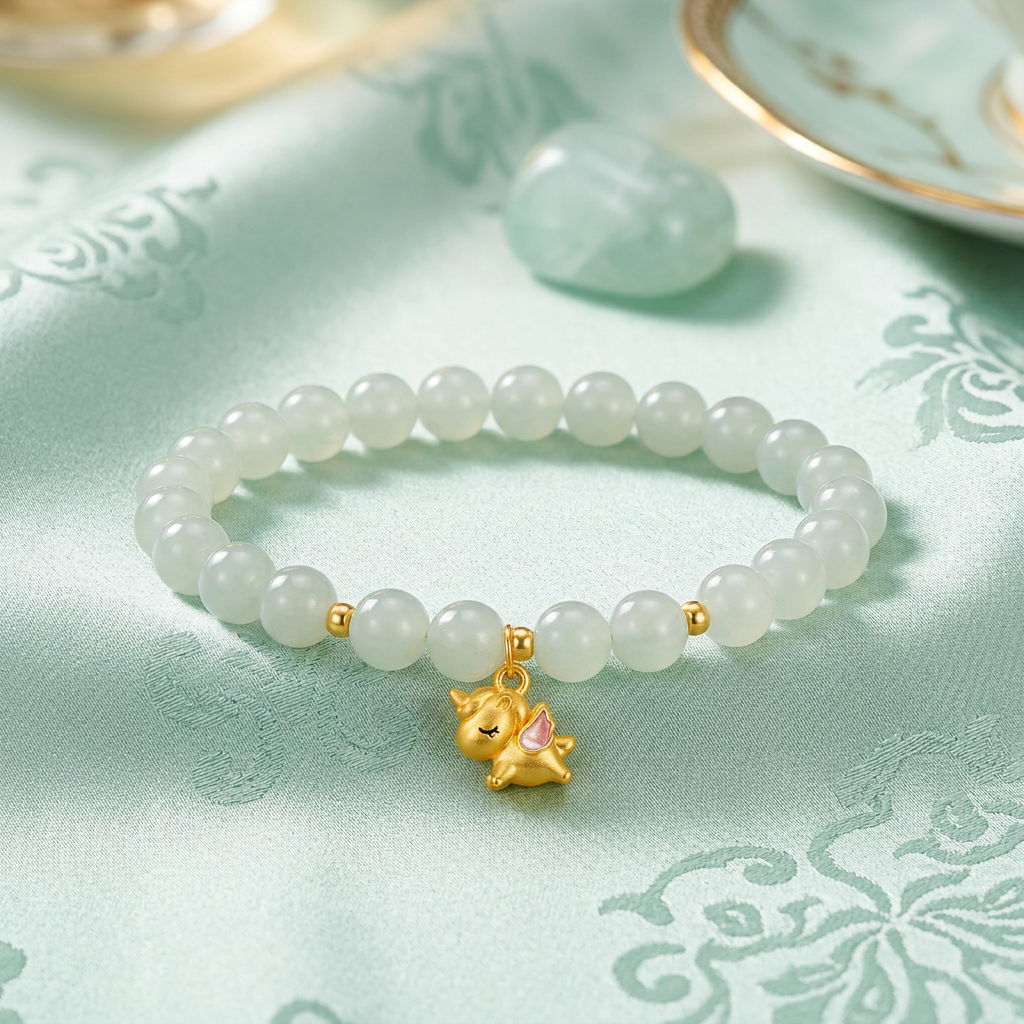 24K Gold Unicorn Horse Enamel Charm Beads Mint Elegant Natural Jade Bracelet