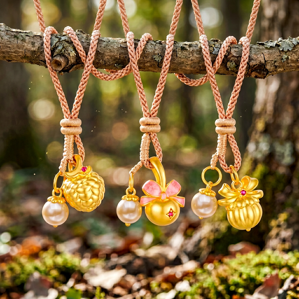 24K 5D Hard Gold Cute Amber Berry Cherry Hazelnut Charms Braided Rope Necklace