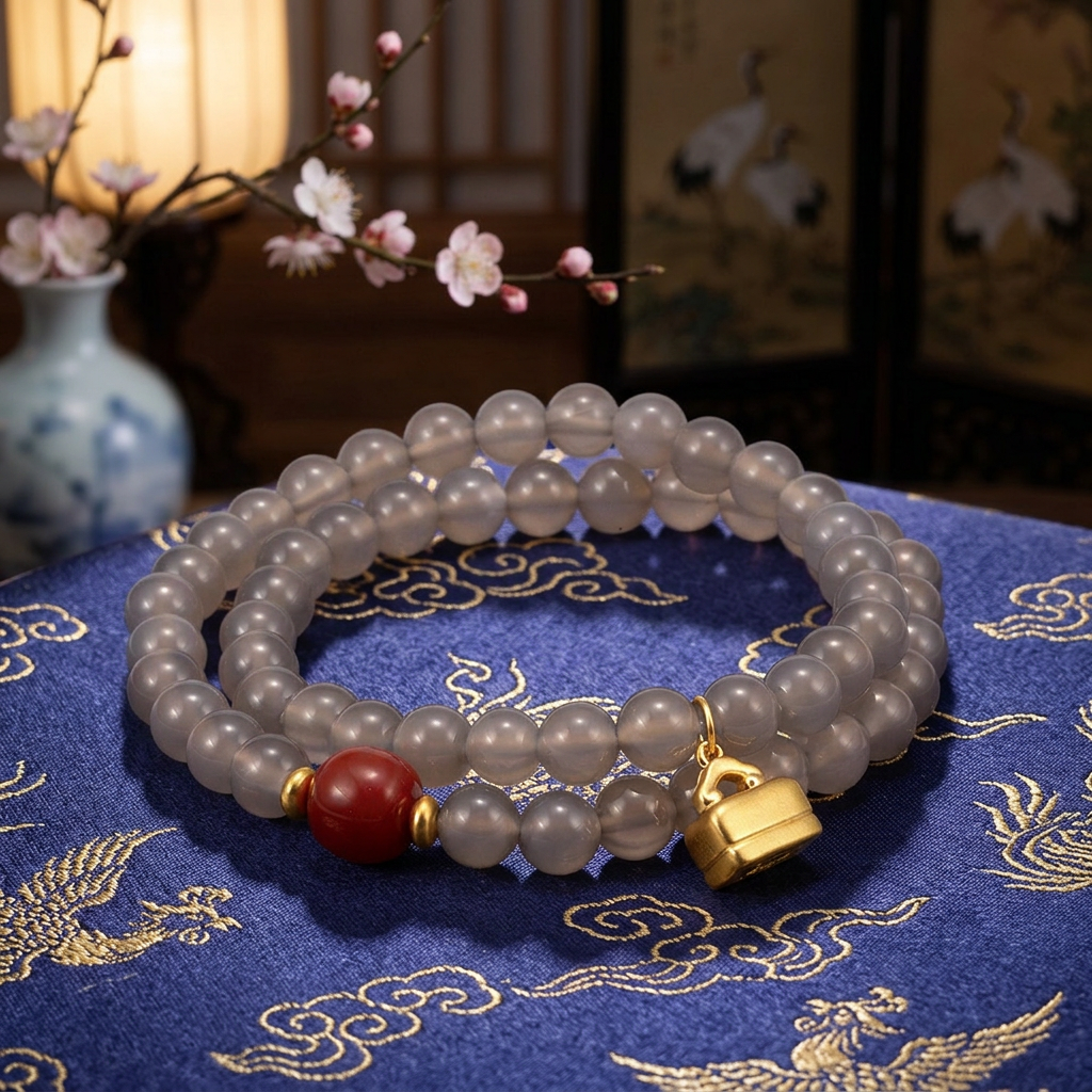 24k Pure 999 Gold Charm Natural Gray Agate & Nanhong Agate Beads Cherish Blessings Bracelet