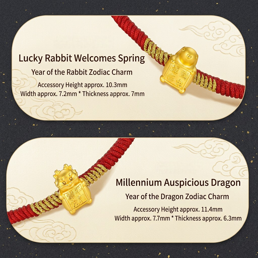 24K 5D Hard Gold Chinese Zodiac Animals Dragon Horse Lucky Message Charm Bracelet