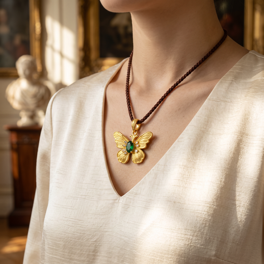 24k 999 Fine Gold Vintage Style Butterfly Emerald Moissanite Pendant
