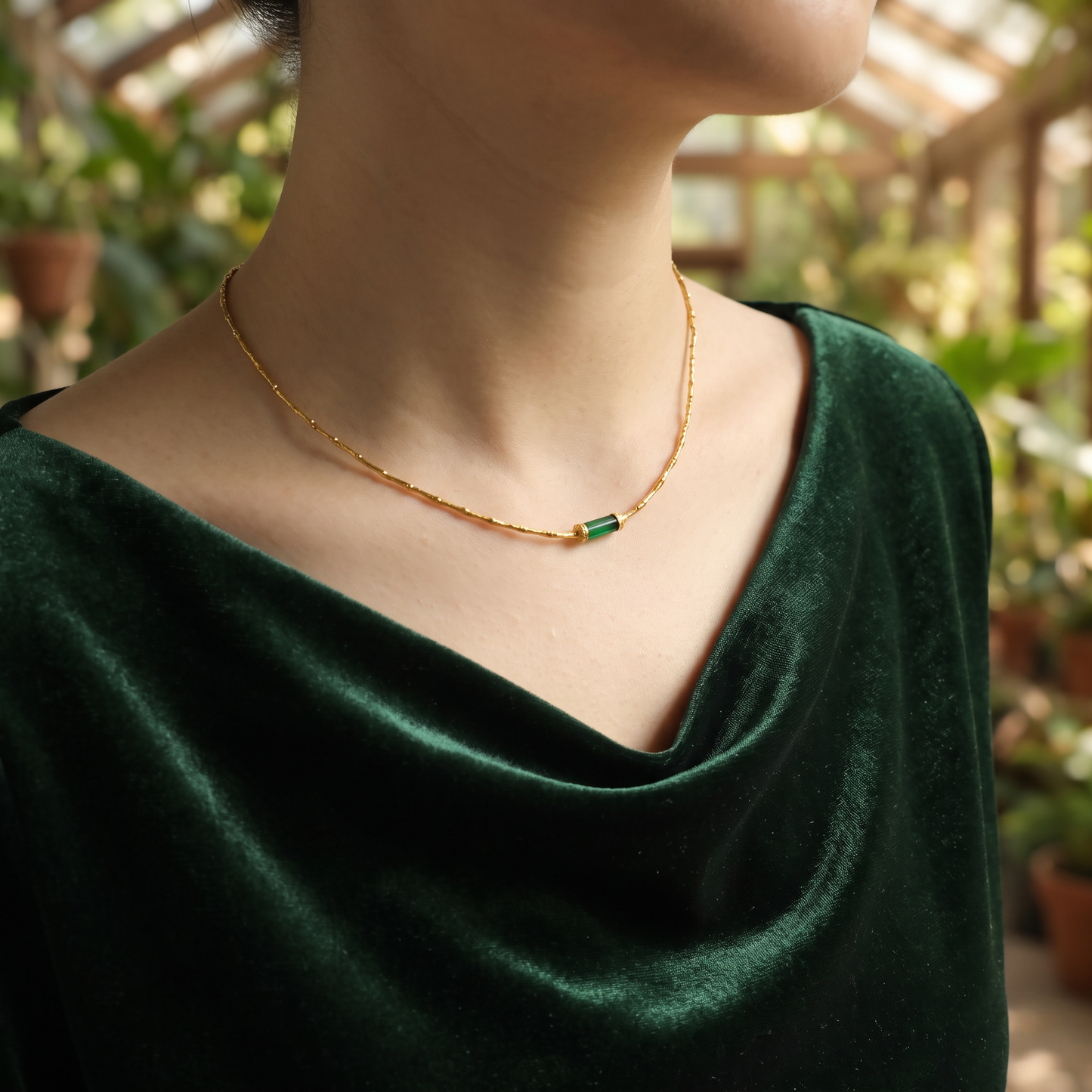 24K Pure 999 Gold Hammered Bamboo-Link Green Jade Fortune Pendant Necklace and Bracelet