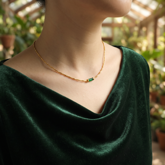 24K Pure 999 Gold Hammered Bamboo-Link Green Jade Fortune Pendant Necklace and Bracelet