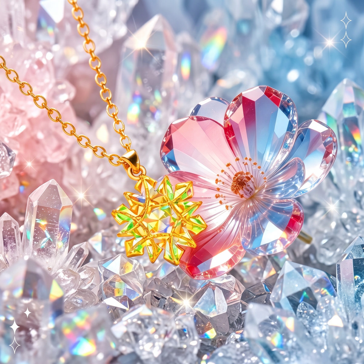 24k Fine Gold Snow Snowflake Star Glimmer Ring Necklace