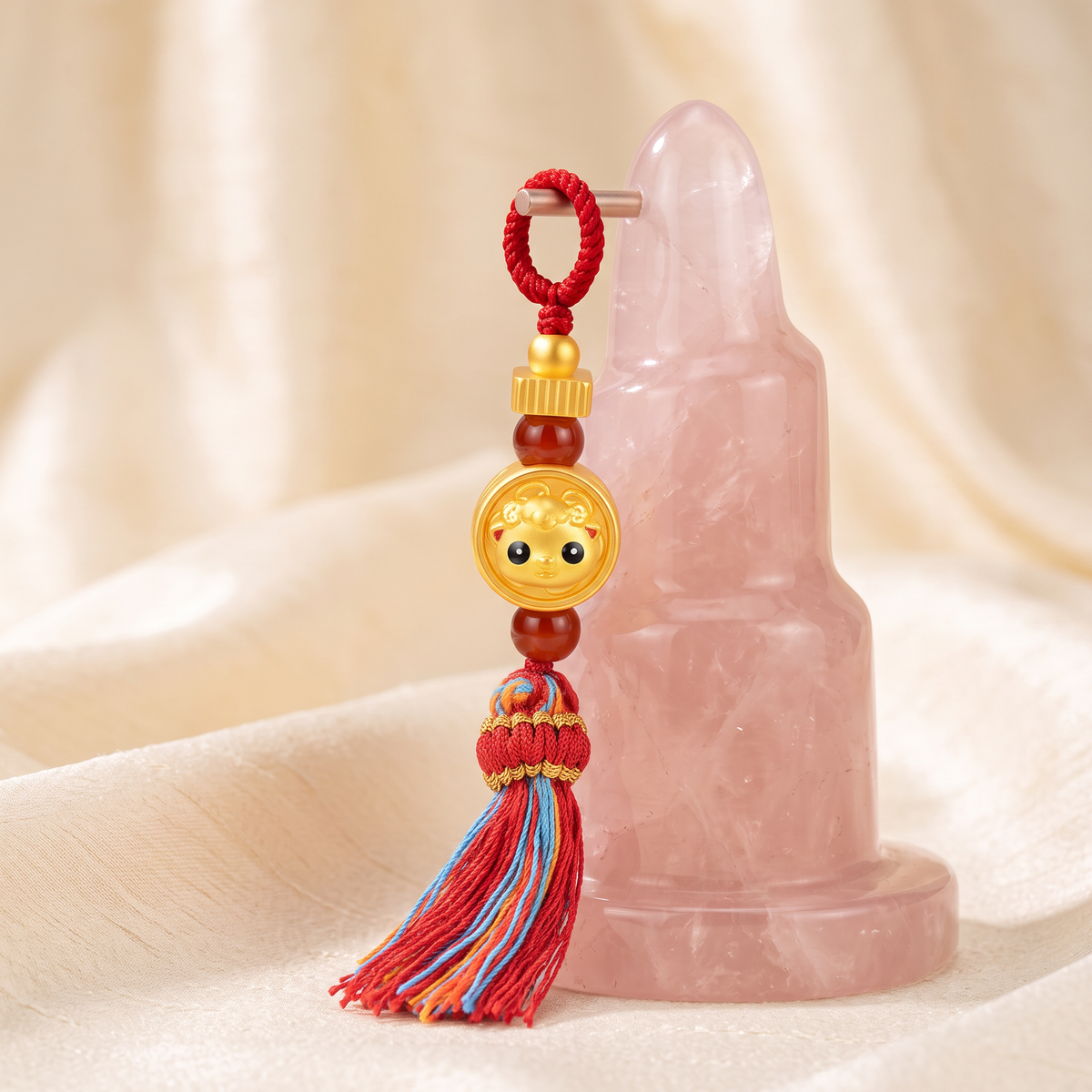 999 24K Gold Chinese Zodiac Sheep Goat Charm Agate Bead Phone Strap Keychain Accessory
