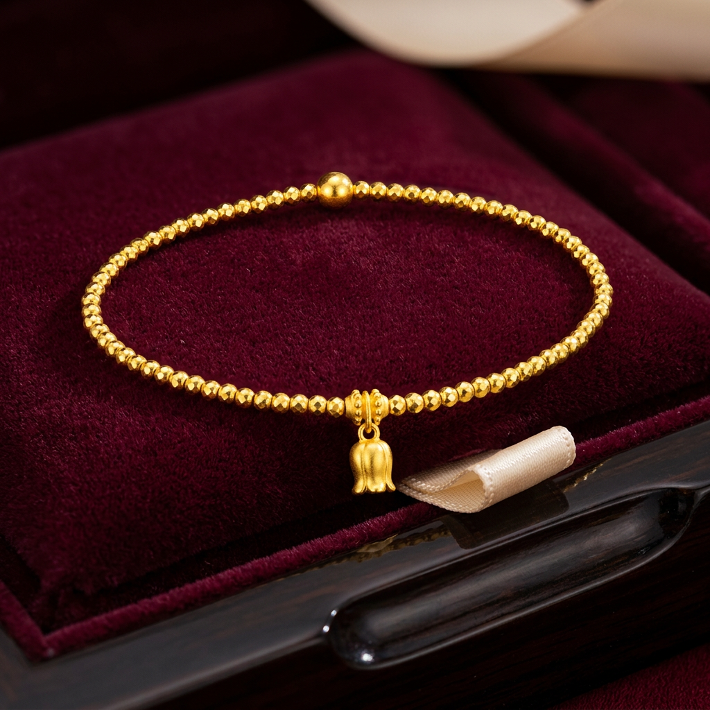 24K 5G Gold Sparkling Beads Minimal Lily flower Charm Bracelet