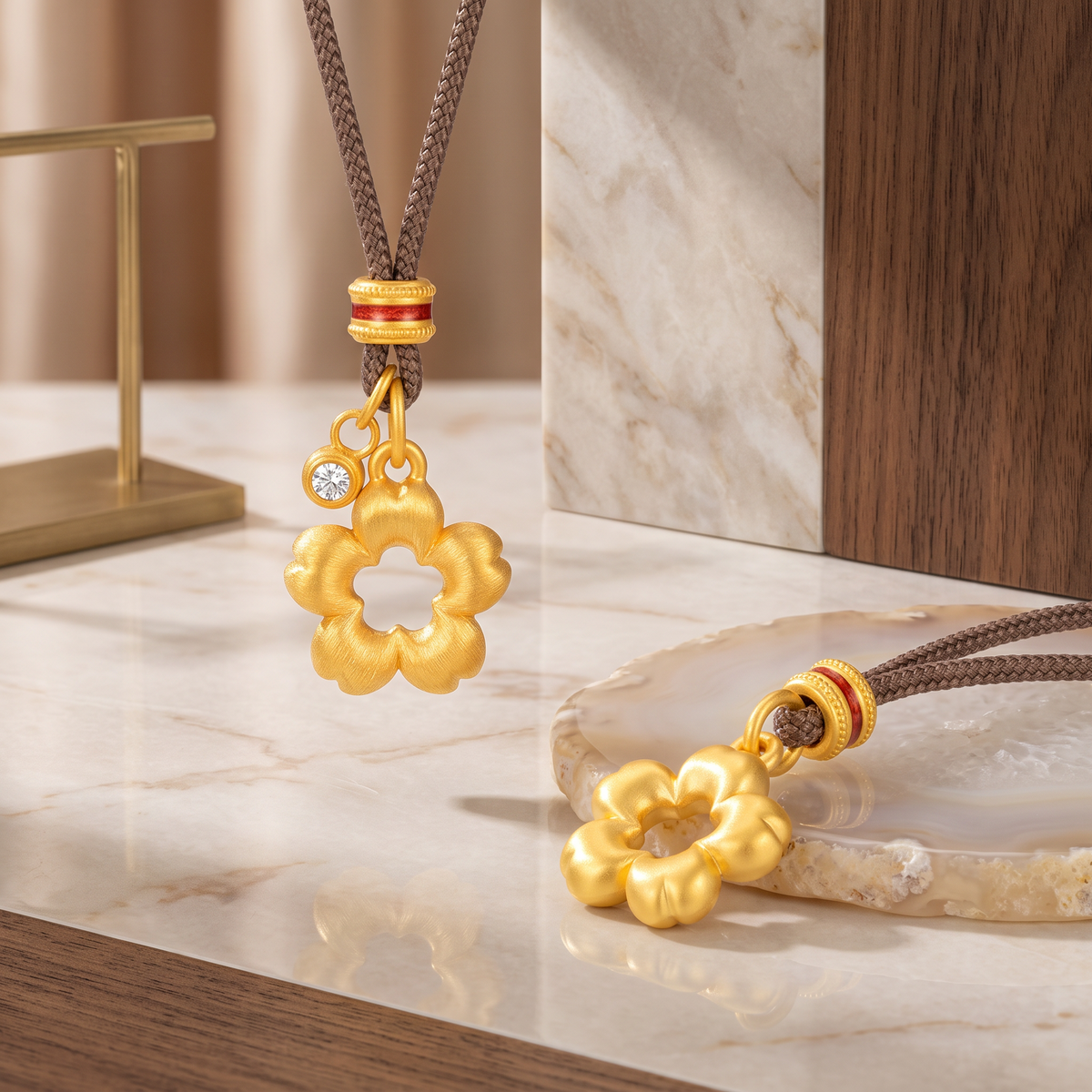 24K Gold Flower Moissanite Pendant Cord Necklace