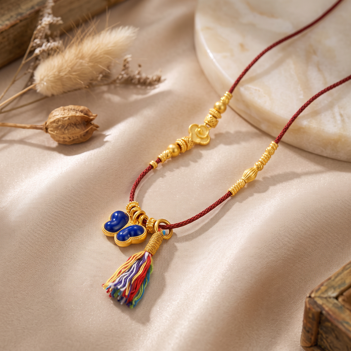 24K Butterfly Pendant Enamel Tassel Cord Necklace