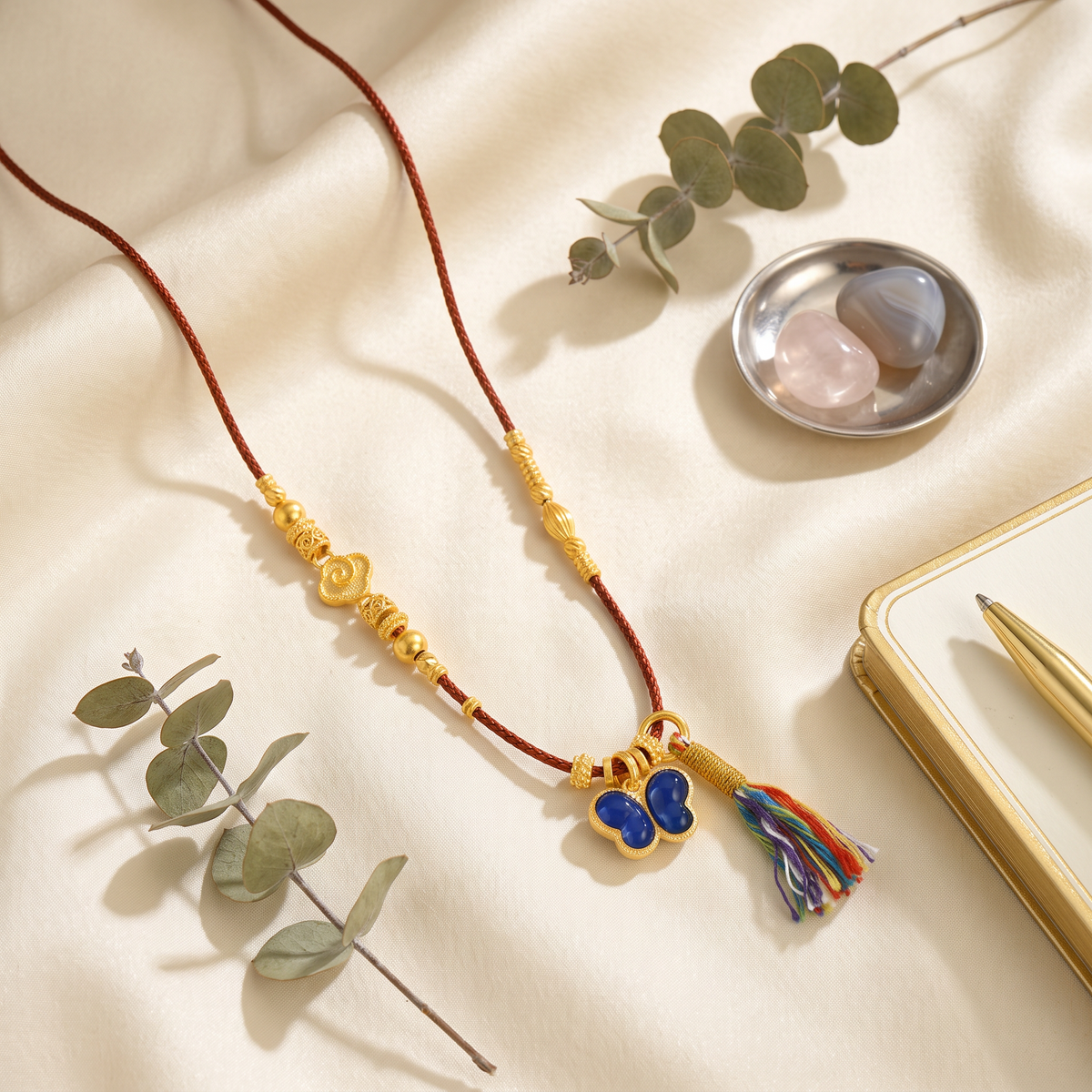 24K Butterfly Pendant Enamel Tassel Cord Necklace