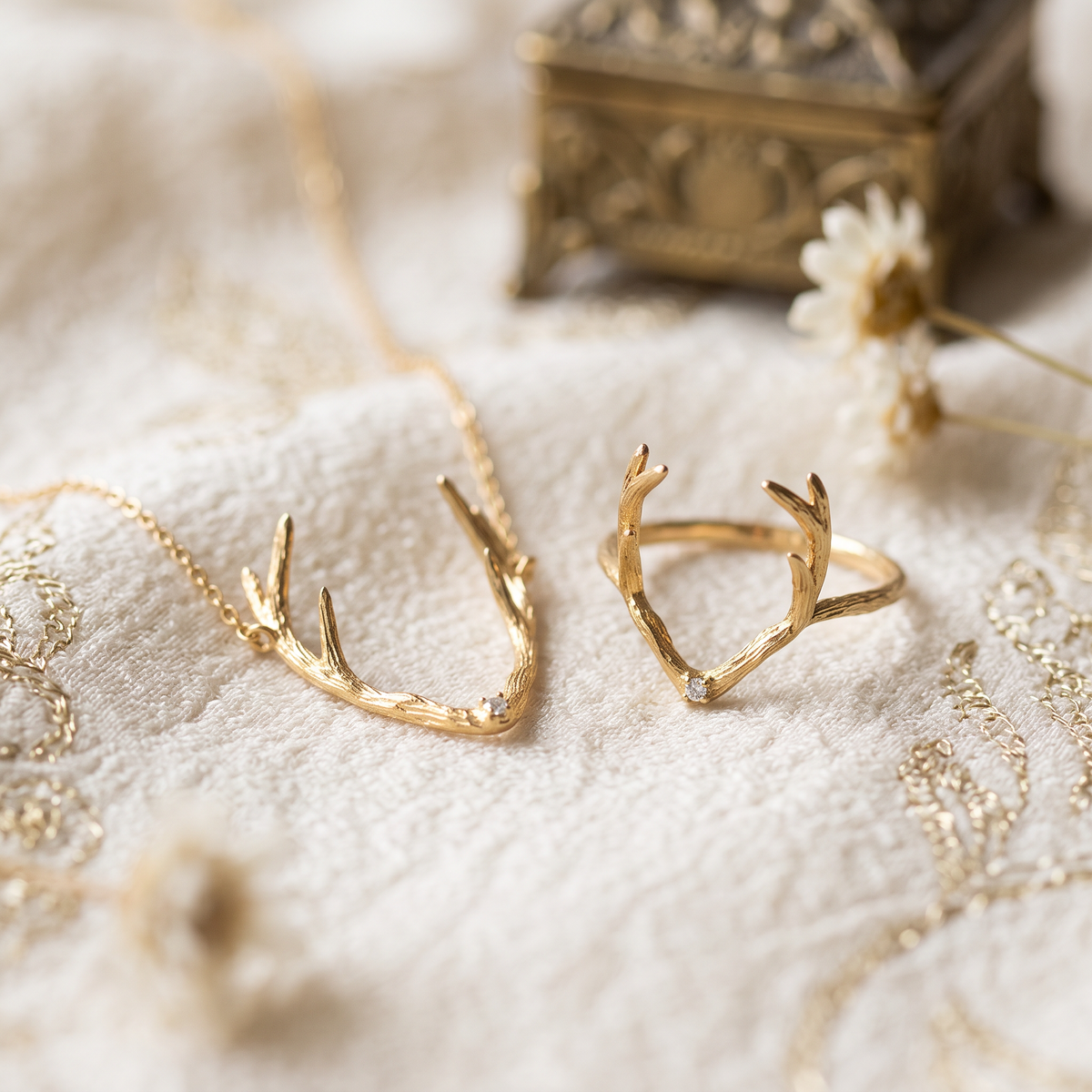 18K Gold Diamond Reindeer Deer Antlers Necklace and Ring Holiday Christmas Gift