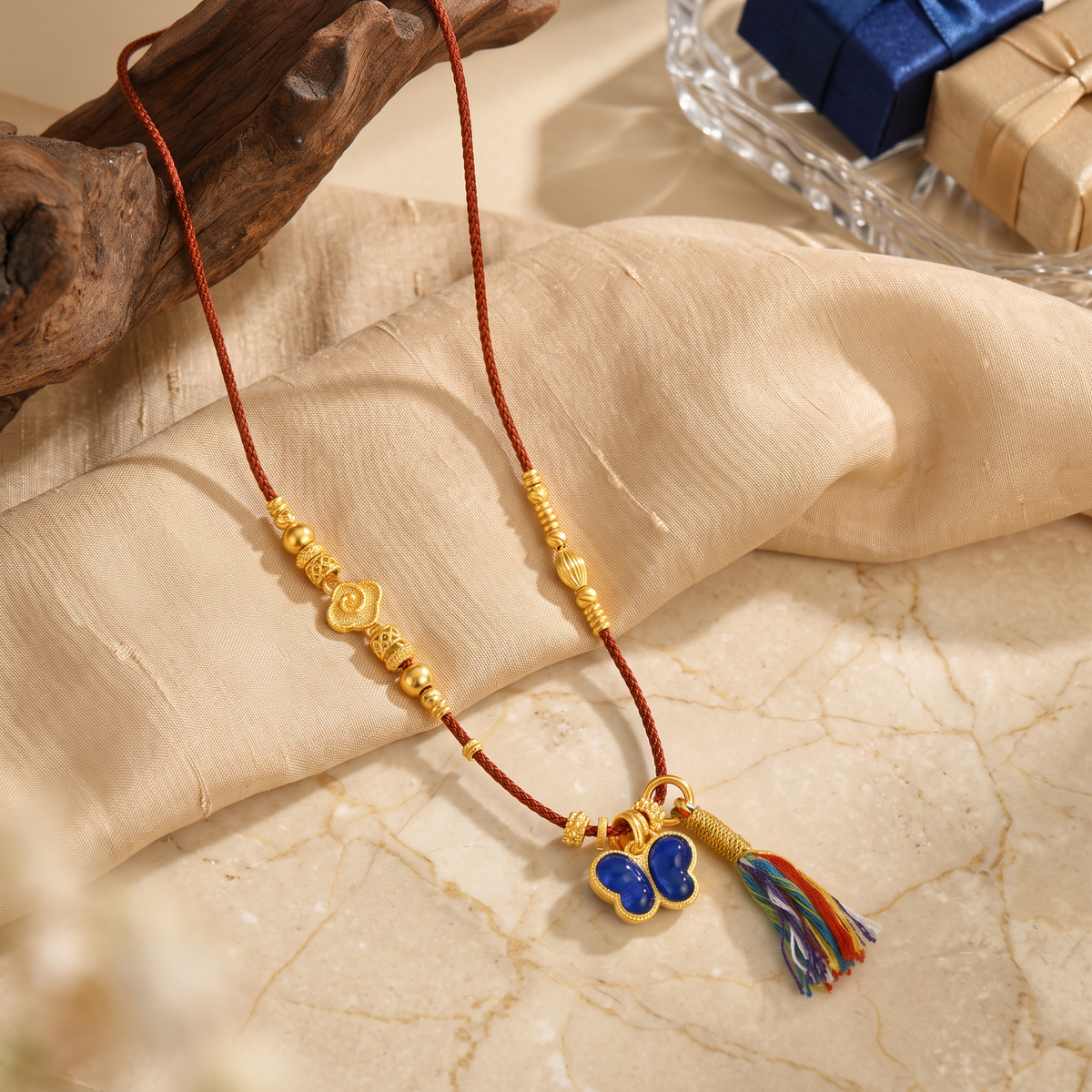 24K Butterfly Pendant Enamel Tassel Cord Necklace