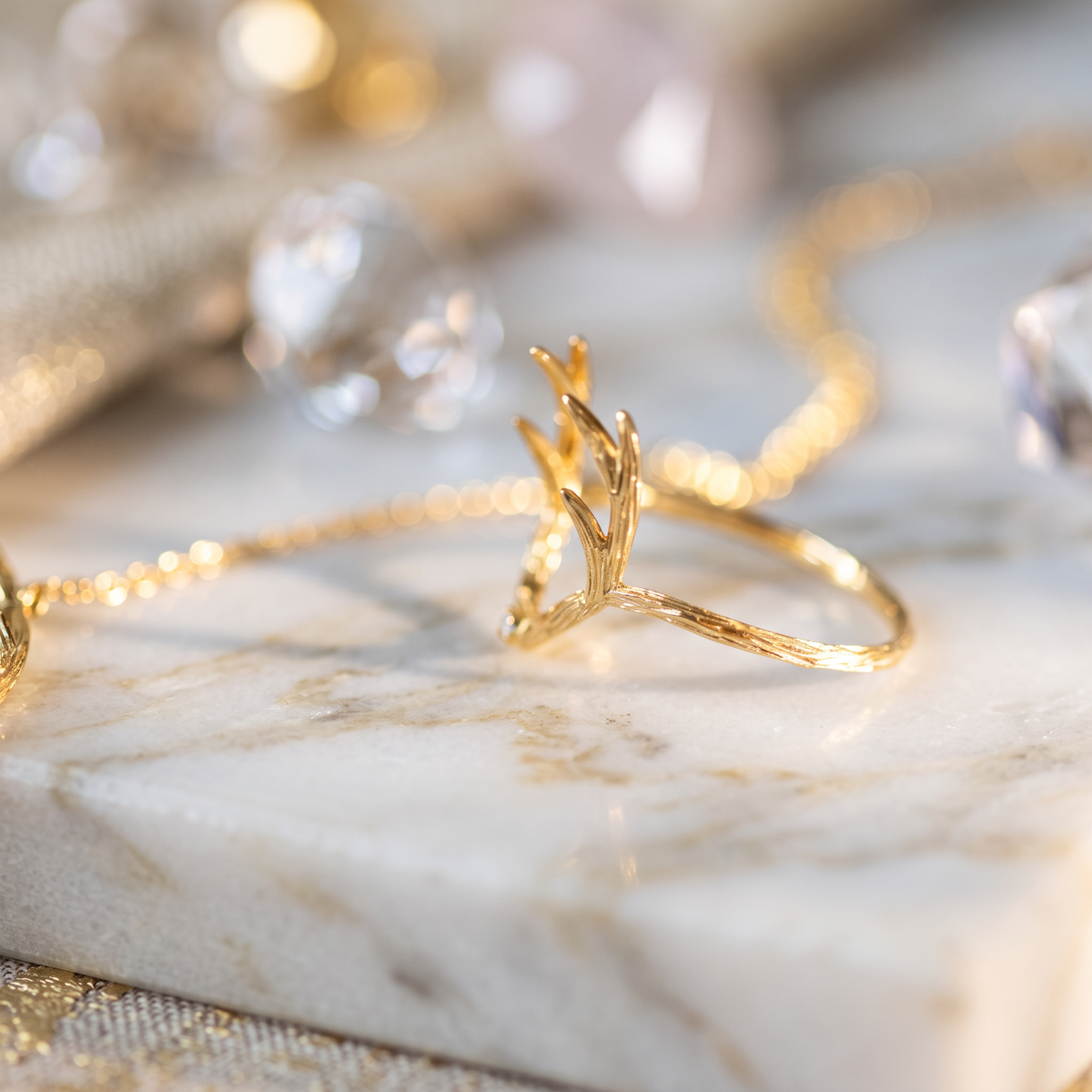18K Gold Diamond Reindeer Deer Antlers Necklace and Ring Holiday Christmas Gift