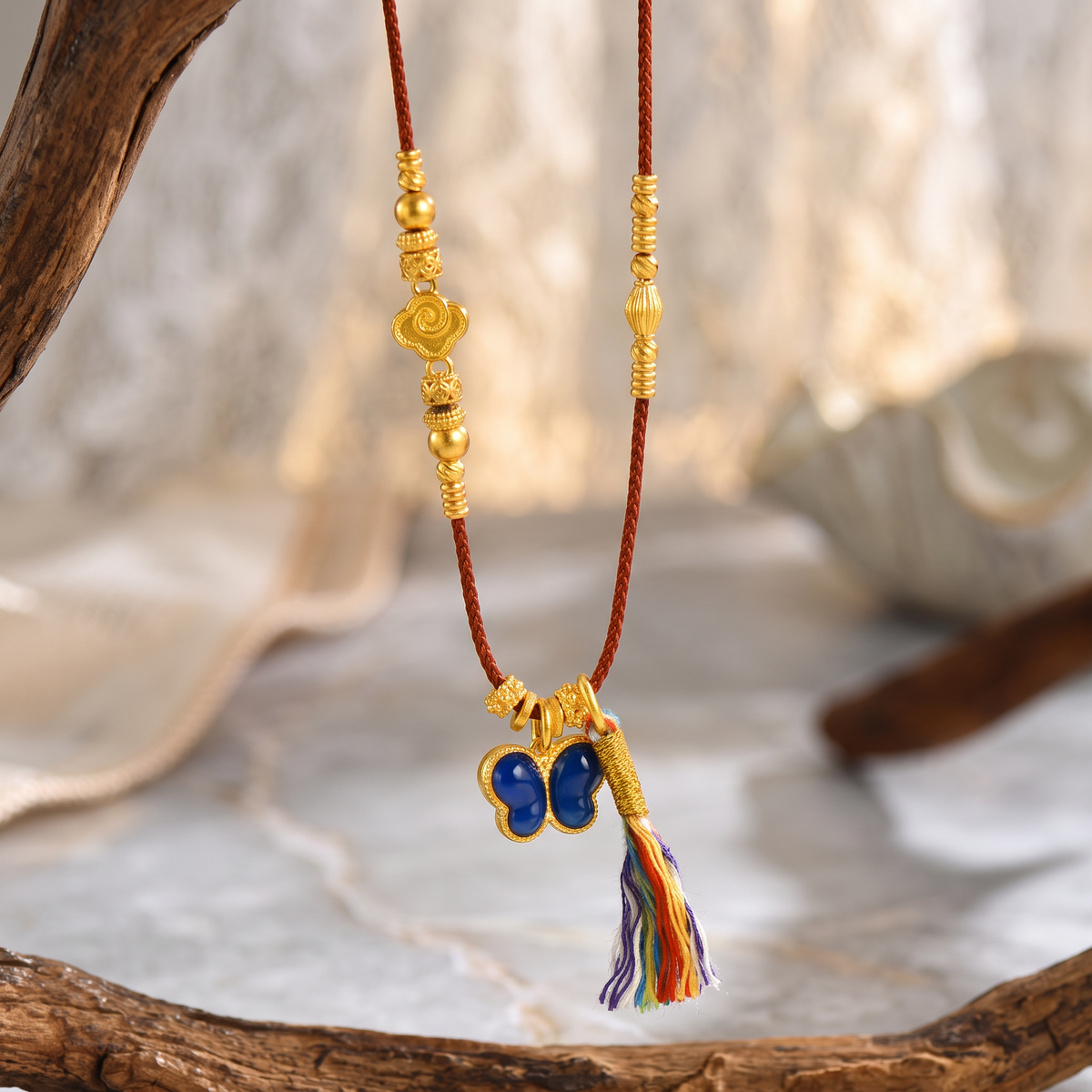 24K Butterfly Pendant Enamel Tassel Cord Necklace